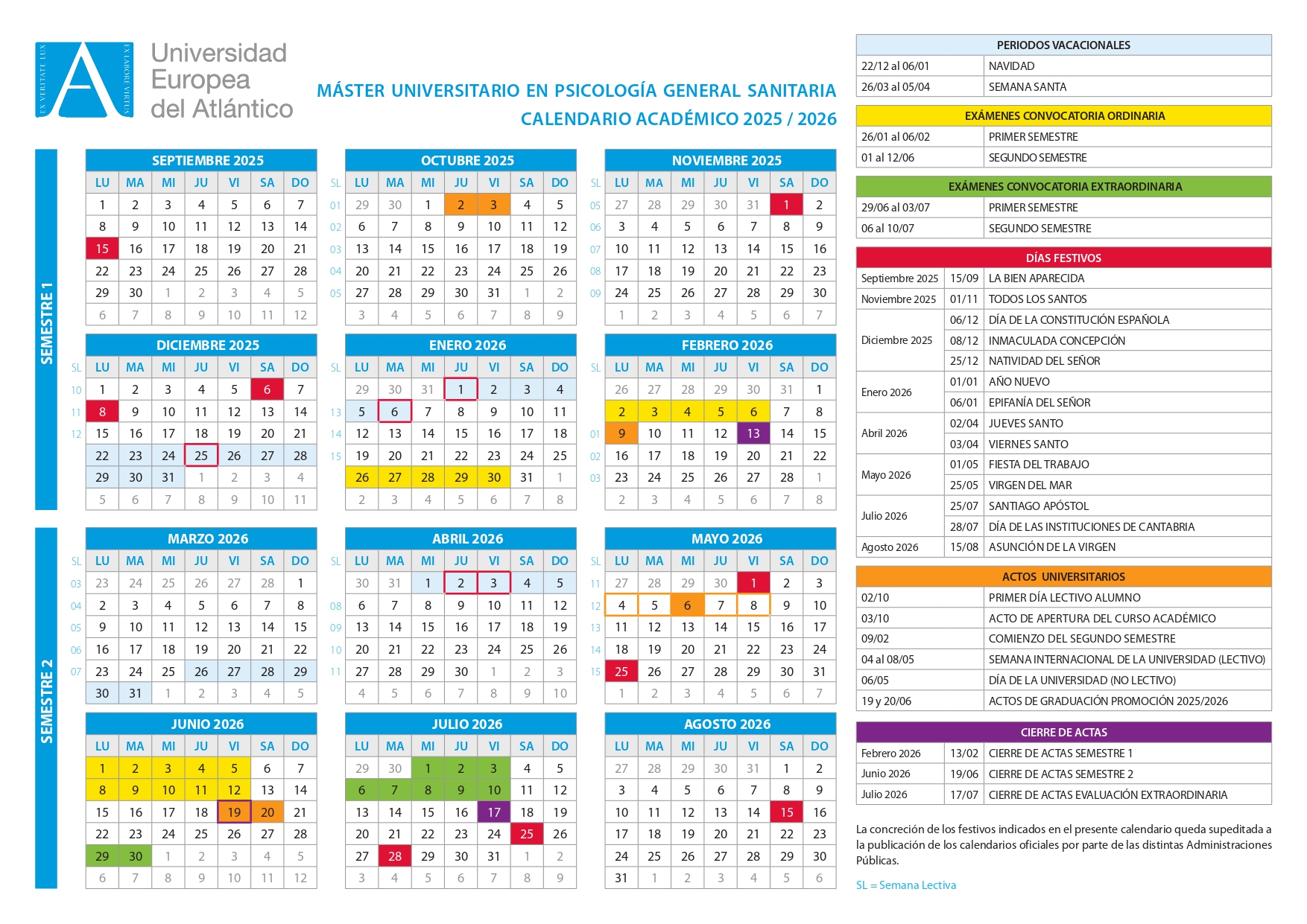 Calendario académico del Máster Universitario en Psicología General Sanitaria 2025/2026